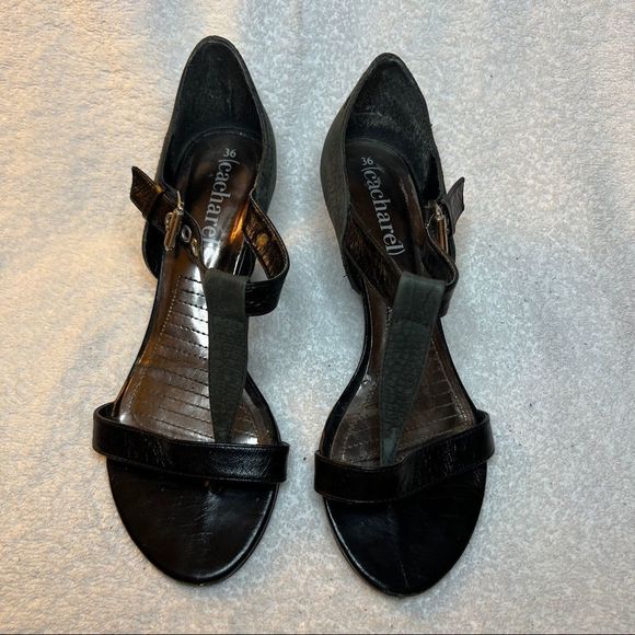 Vintage Cacharel Sandals T-Strap Heels Kitten Heel leather black green 5 - Picture 8 of 14